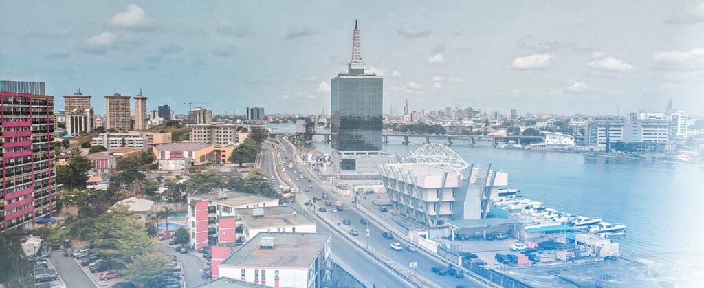view of lagos kenya with river and buidlings showing, blue color effect overlay